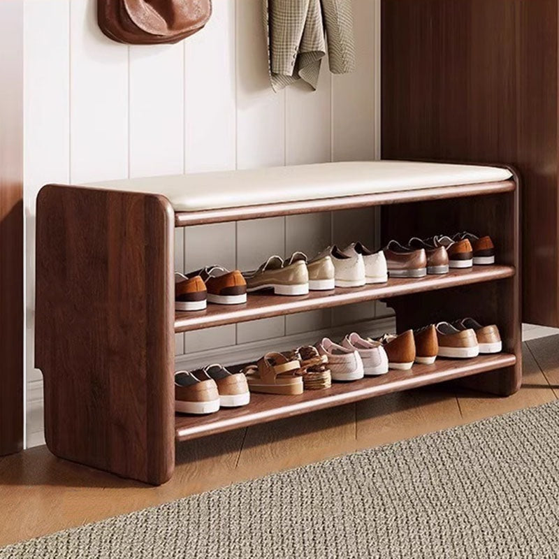 Solid Wood Shoe Storage Bench with Padded Leather Seat for Entryway