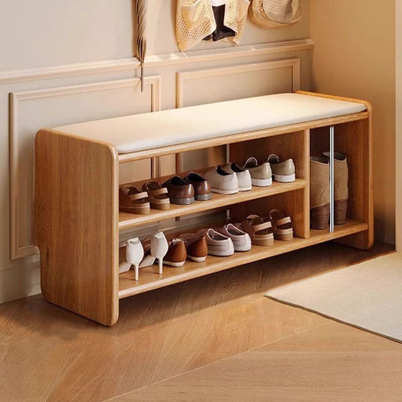 Solid Wood Shoe Storage Bench with Padded Leather Seat for Entryway