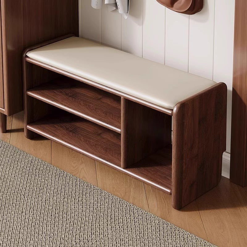 Solid Wood Shoe Storage Bench with Padded Leather Seat for Entryway