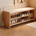 Solid Wood Shoe Storage Bench with Padded Leather Seat for Entryway