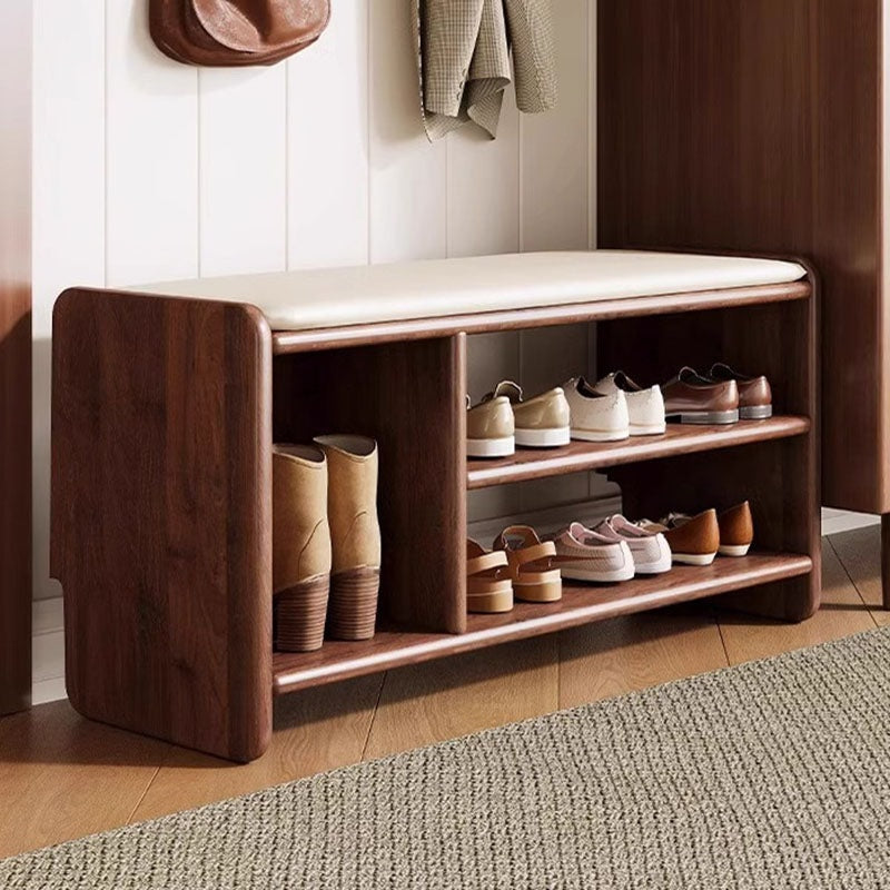 Solid Wood Shoe Storage Bench with Padded Leather Seat for Entryway