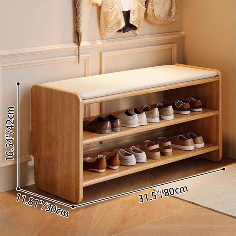 Solid Wood Shoe Storage Bench with Padded Leather Seat for Entryway