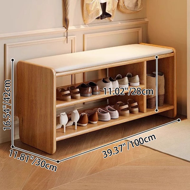 Solid Wood Shoe Storage Bench with Padded Leather Seat for Entryway