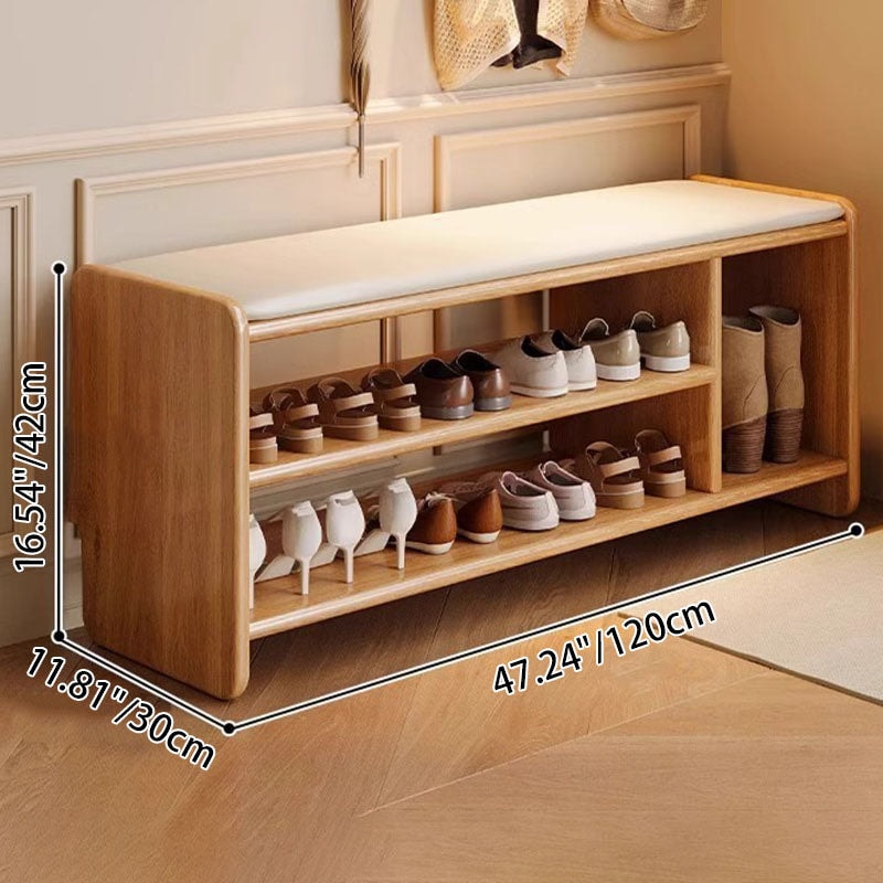 Solid Wood Shoe Storage Bench with Padded Leather Seat for Entryway