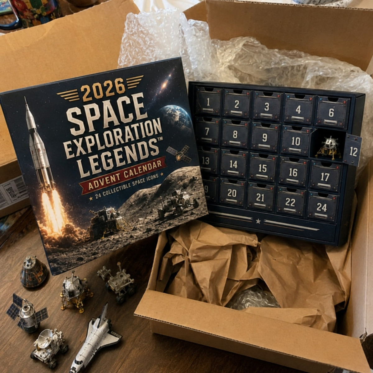 Space Exploration Advent Calendar with Collectible Rocket and Lunar Models