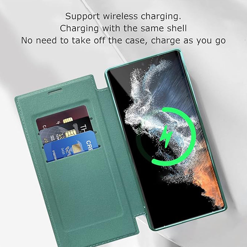 Magnetic Flip Case for Samsung Galaxy Faux Leather Wallet Phone Case with RFID Card Holder Camera Lens Protection and Wireless Charging Support