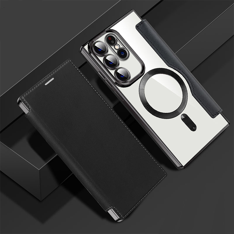 Magnetic Flip Case for Samsung Galaxy Faux Leather Wallet Phone Case with RFID Card Holder Camera Lens Protection and Wireless Charging Support