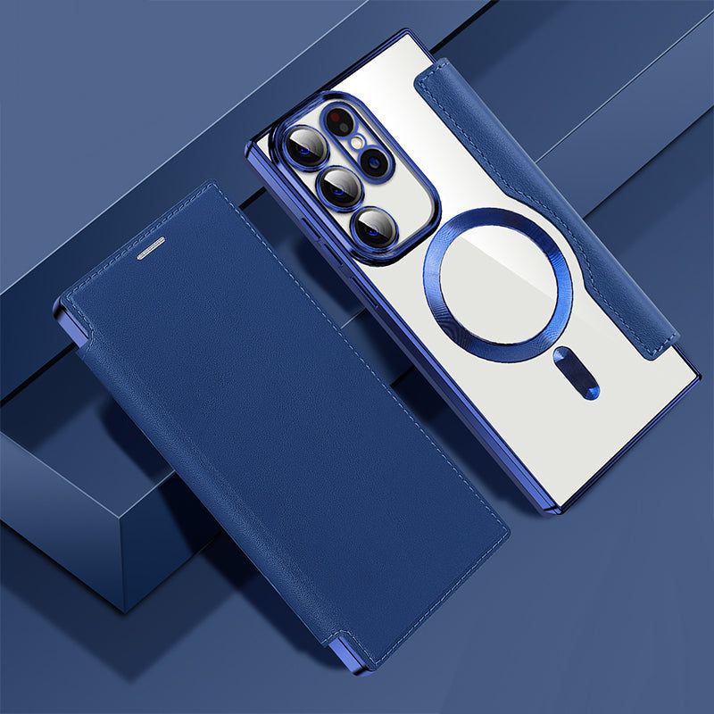 Magnetic Flip Case for Samsung Galaxy Faux Leather Wallet Phone Case with RFID Card Holder Camera Lens Protection and Wireless Charging Support