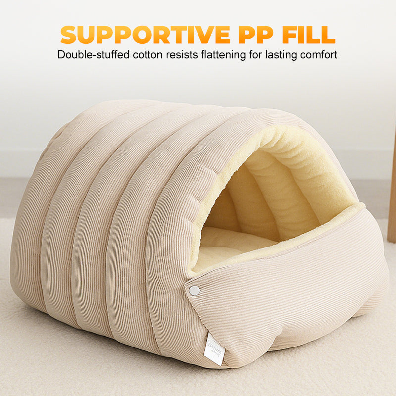 Plush Cave Pet Bed with Semi-Enclosed Dome and Adjustable Opening for Cats