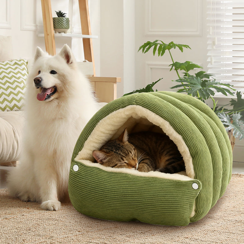 Plush Cave Pet Bed with Semi-Enclosed Dome and Adjustable Opening for Cats