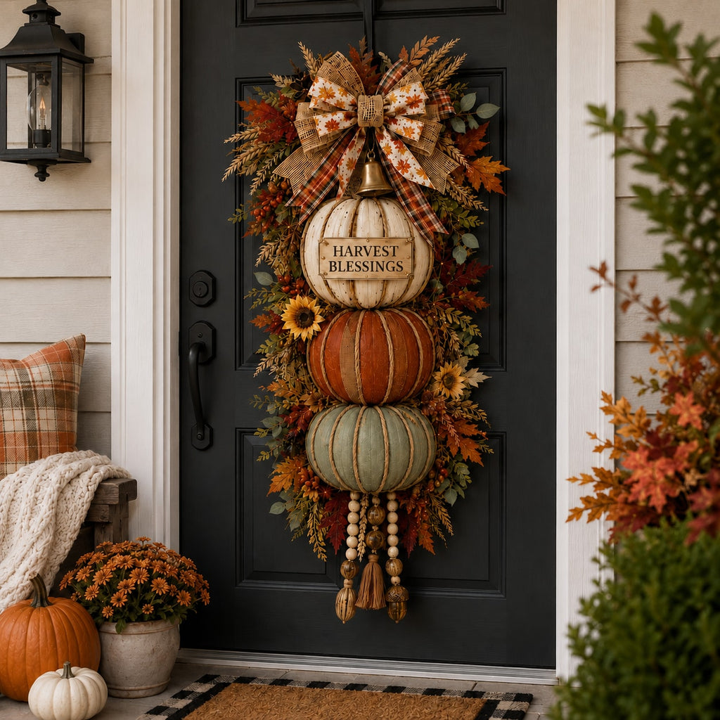 Stacked Pumpkin Door Hanger with Interchangeable Fall Plaques and Rustic Bow