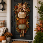 Stacked Pumpkin Door Hanger with Interchangeable Fall Plaques and Rustic Bow