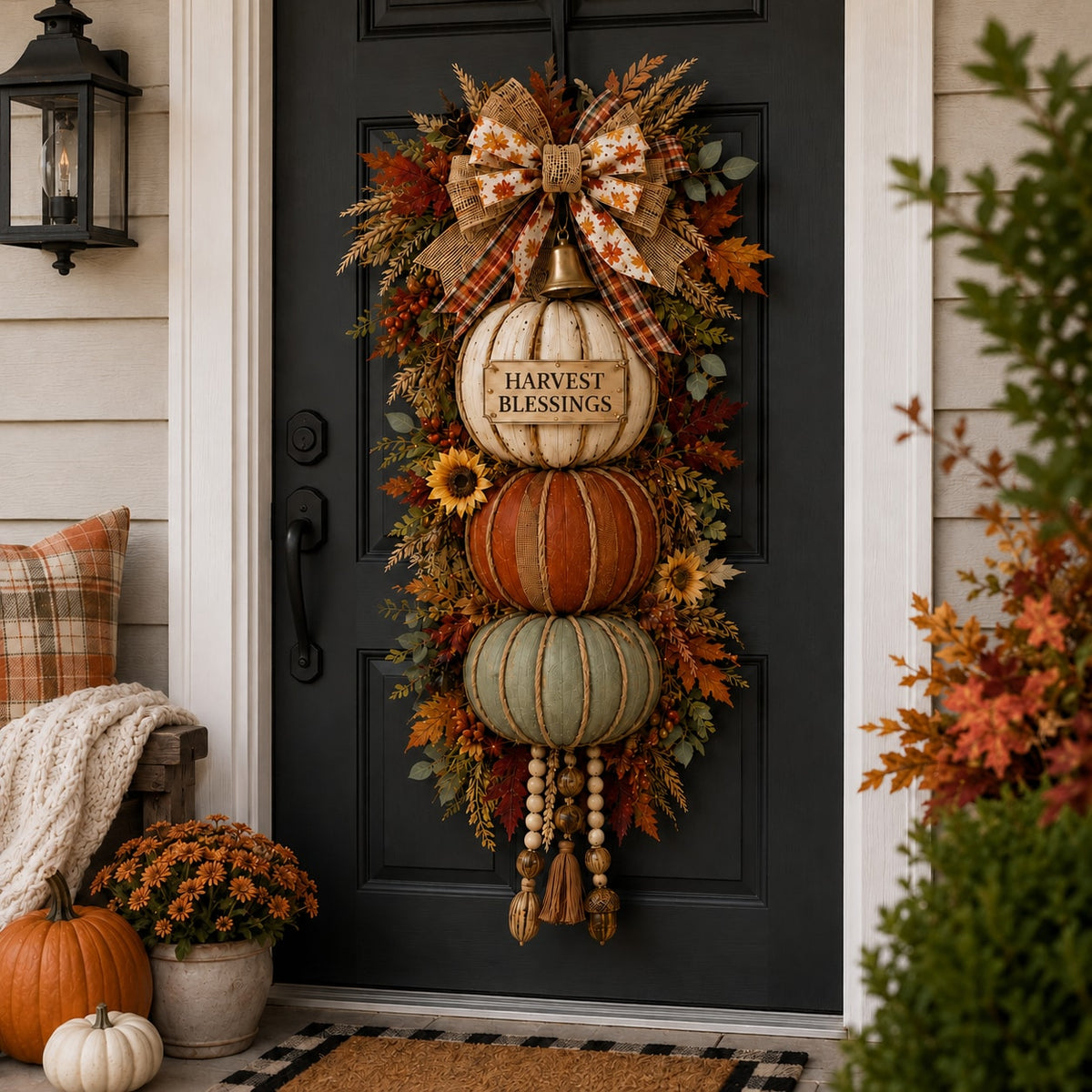 Stacked Pumpkin Door Hanger with Interchangeable Fall Plaques and Rustic Bow