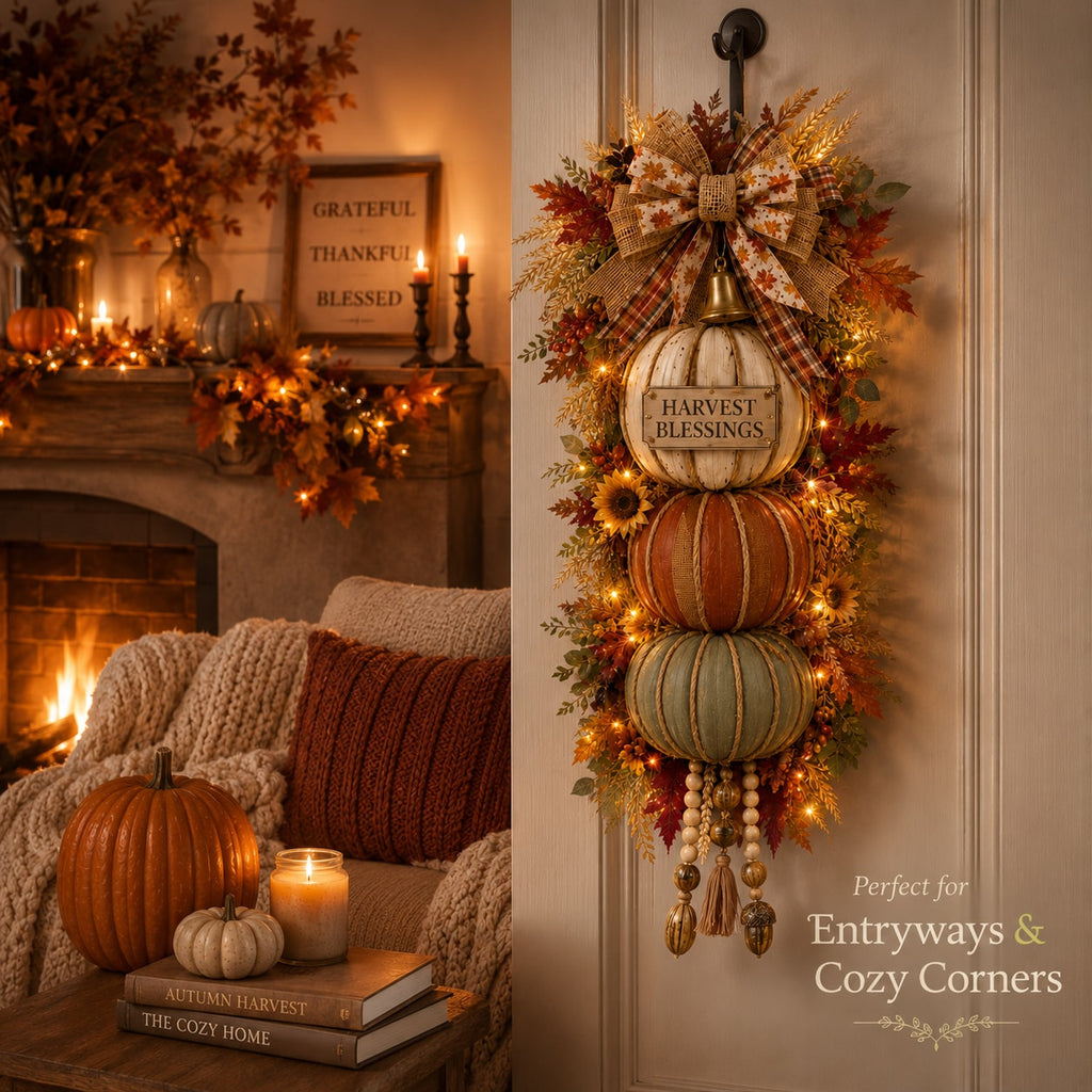 Stacked Pumpkin Door Hanger with Interchangeable Fall Plaques and Rustic Bow