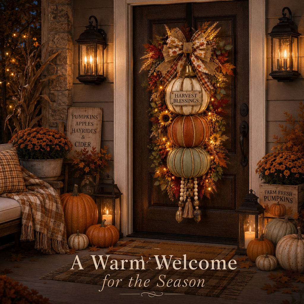 Stacked Pumpkin Door Hanger with Interchangeable Fall Plaques and Rustic Bow