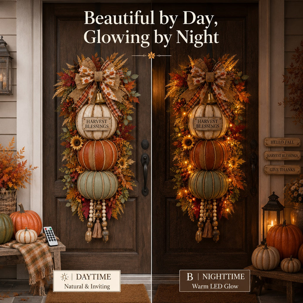 Stacked Pumpkin Door Hanger with Interchangeable Fall Plaques and Rustic Bow