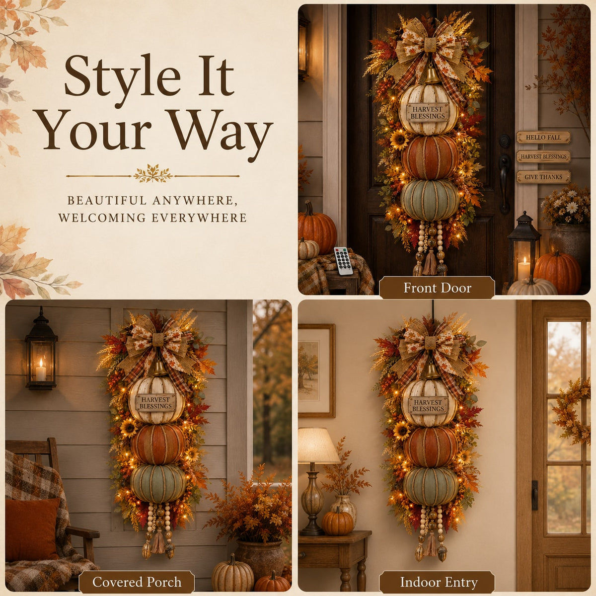 Stacked Pumpkin Door Hanger with Interchangeable Fall Plaques and Rustic Bow