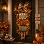 Stacked Pumpkin Door Hanger with Interchangeable Fall Plaques and Rustic Bow