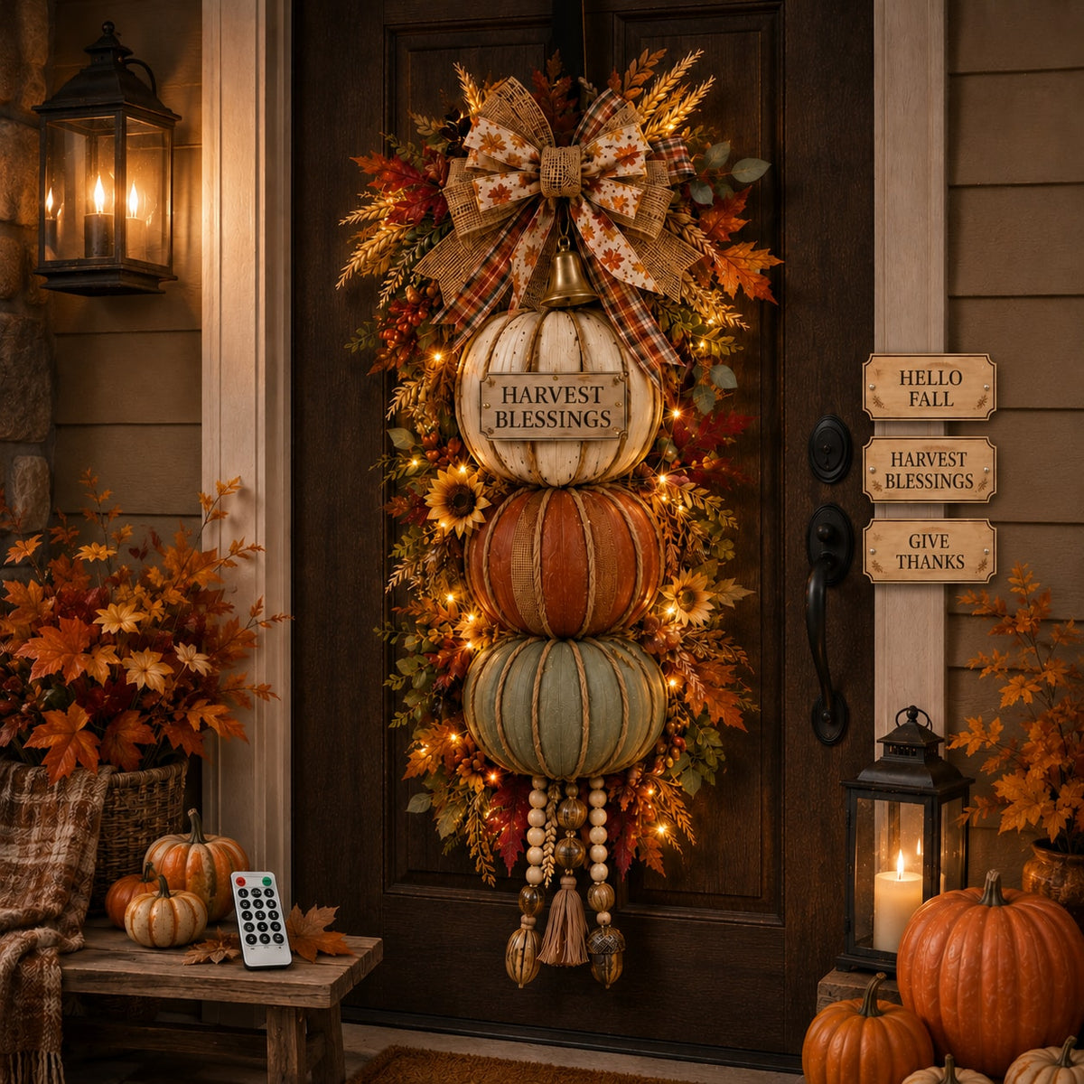 Stacked Pumpkin Door Hanger with Interchangeable Fall Plaques and Rustic Bow