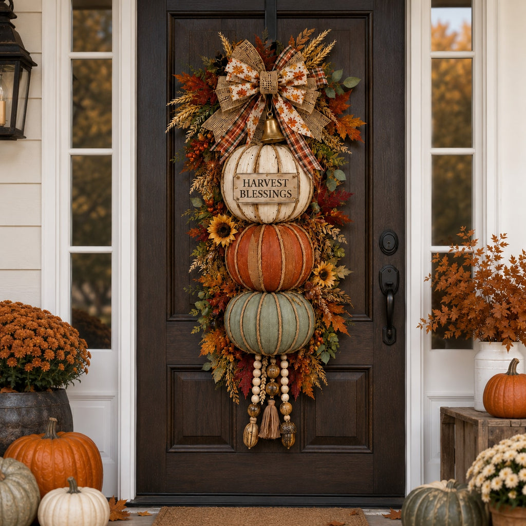 Stacked Pumpkin Door Hanger with Interchangeable Fall Plaques and Rustic Bow