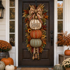 Stacked Pumpkin Door Hanger with Interchangeable Fall Plaques and Rustic Bow