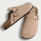 Suede Clogs with Cork Footbed and Adjustable Buckle Strap