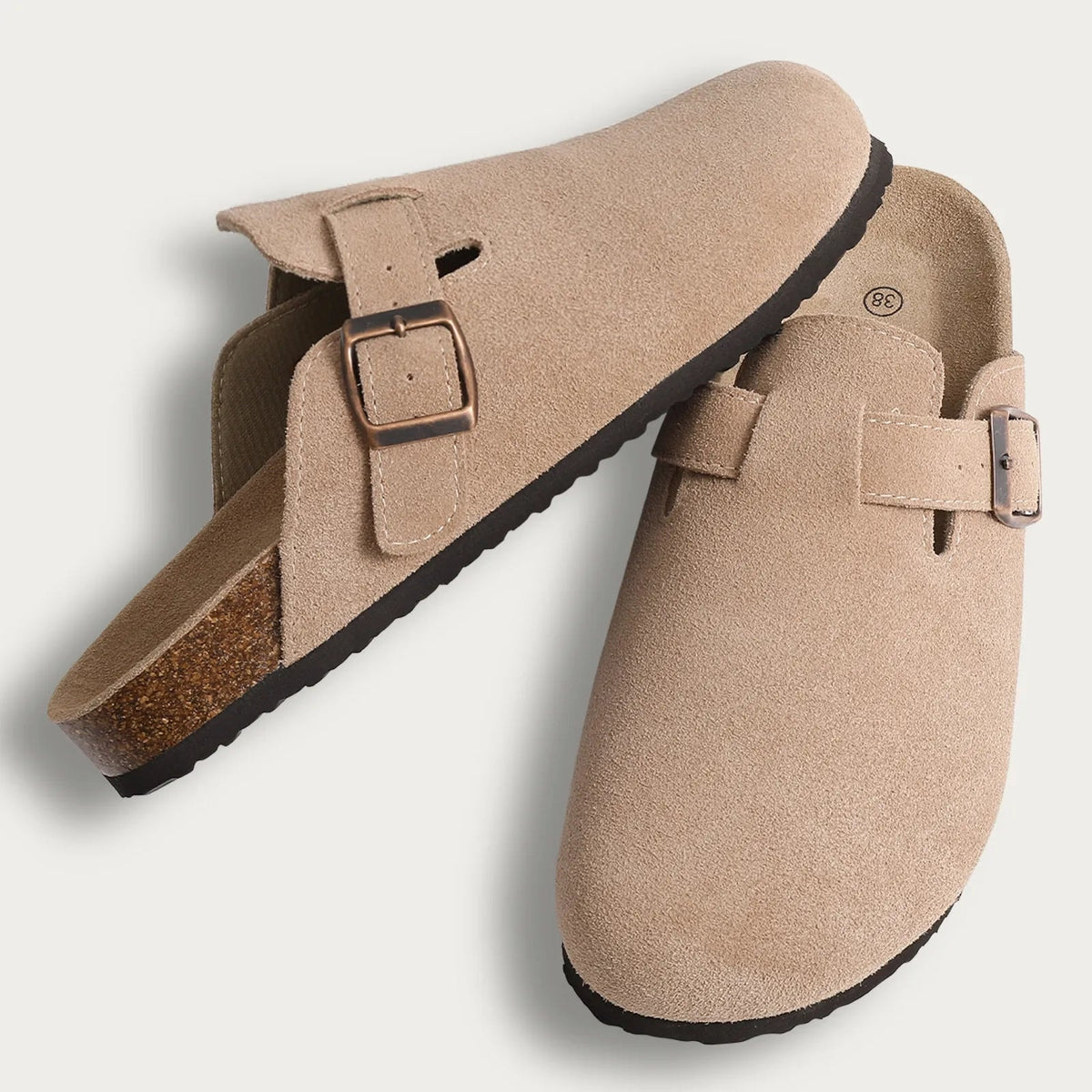 Suede Clogs with Cork Footbed and Adjustable Buckle Strap