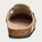 Suede Clogs with Cork Footbed and Adjustable Buckle Strap