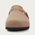 Suede Clogs with Cork Footbed and Adjustable Buckle Strap