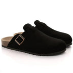 Suede Clogs with Cork Footbed and Adjustable Buckle Strap