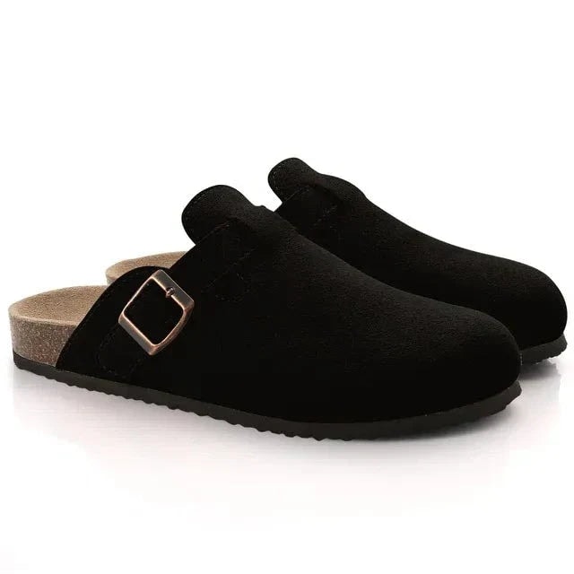 Suede Clogs with Cork Footbed and Adjustable Buckle Strap