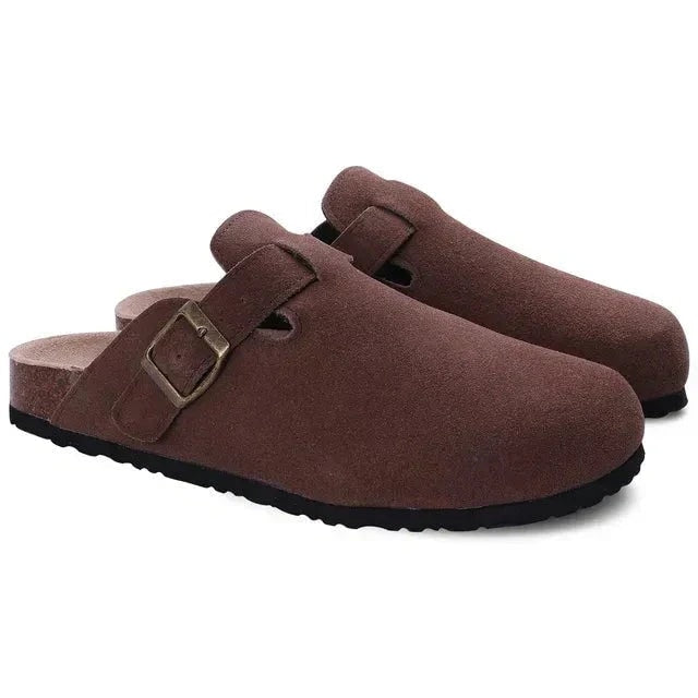 Suede Clogs with Cork Footbed and Adjustable Buckle Strap