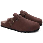 Suede Clogs with Cork Footbed and Adjustable Buckle Strap