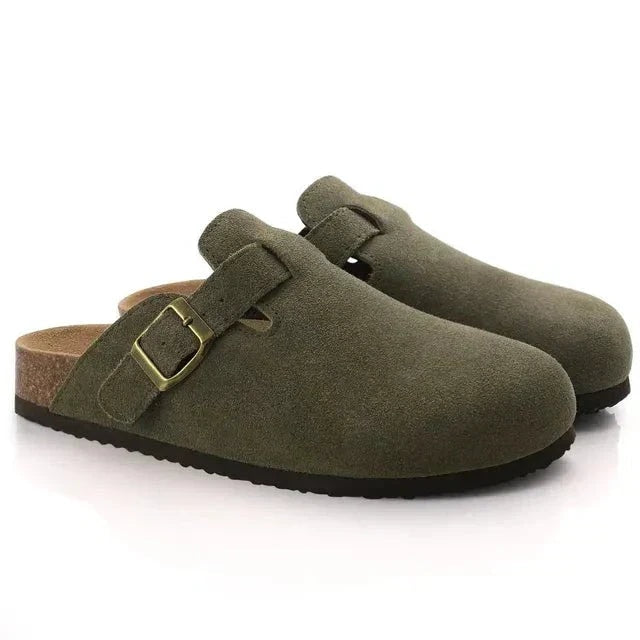 Suede Clogs with Cork Footbed and Adjustable Buckle Strap