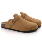 Suede Clogs with Cork Footbed and Adjustable Buckle Strap