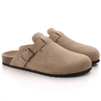 Suede Clogs with Cork Footbed and Adjustable Buckle Strap