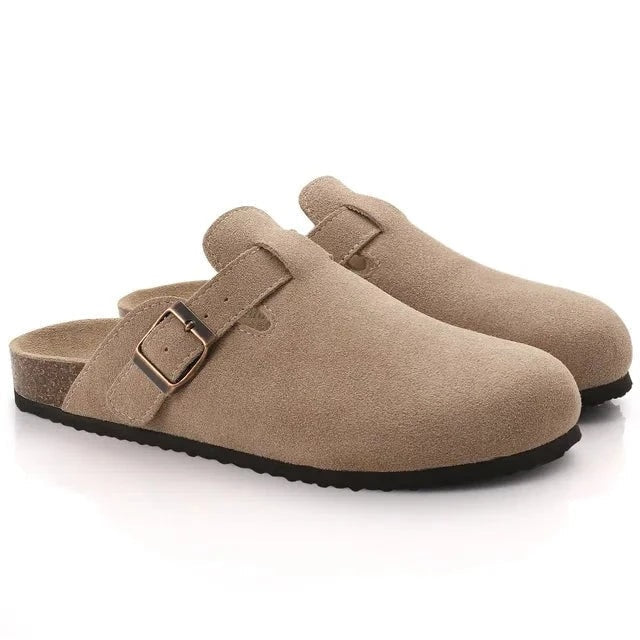 Suede Clogs with Cork Footbed and Adjustable Buckle Strap