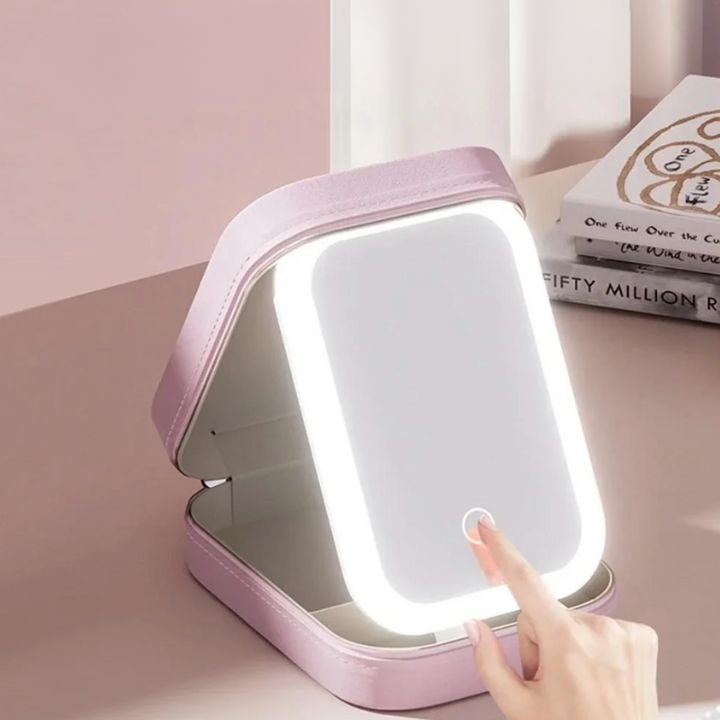 Travel Makeup Case with LED Lighted Mirror and Jewelry Compartments