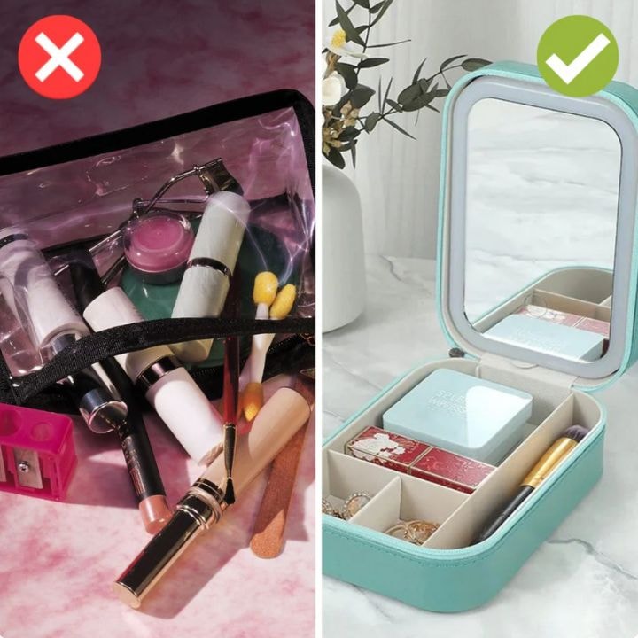 Travel Makeup Case with LED Lighted Mirror and Jewelry Compartments