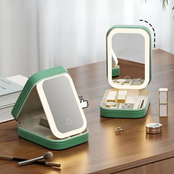 Travel Makeup Case with LED Lighted Mirror and Jewelry Compartments