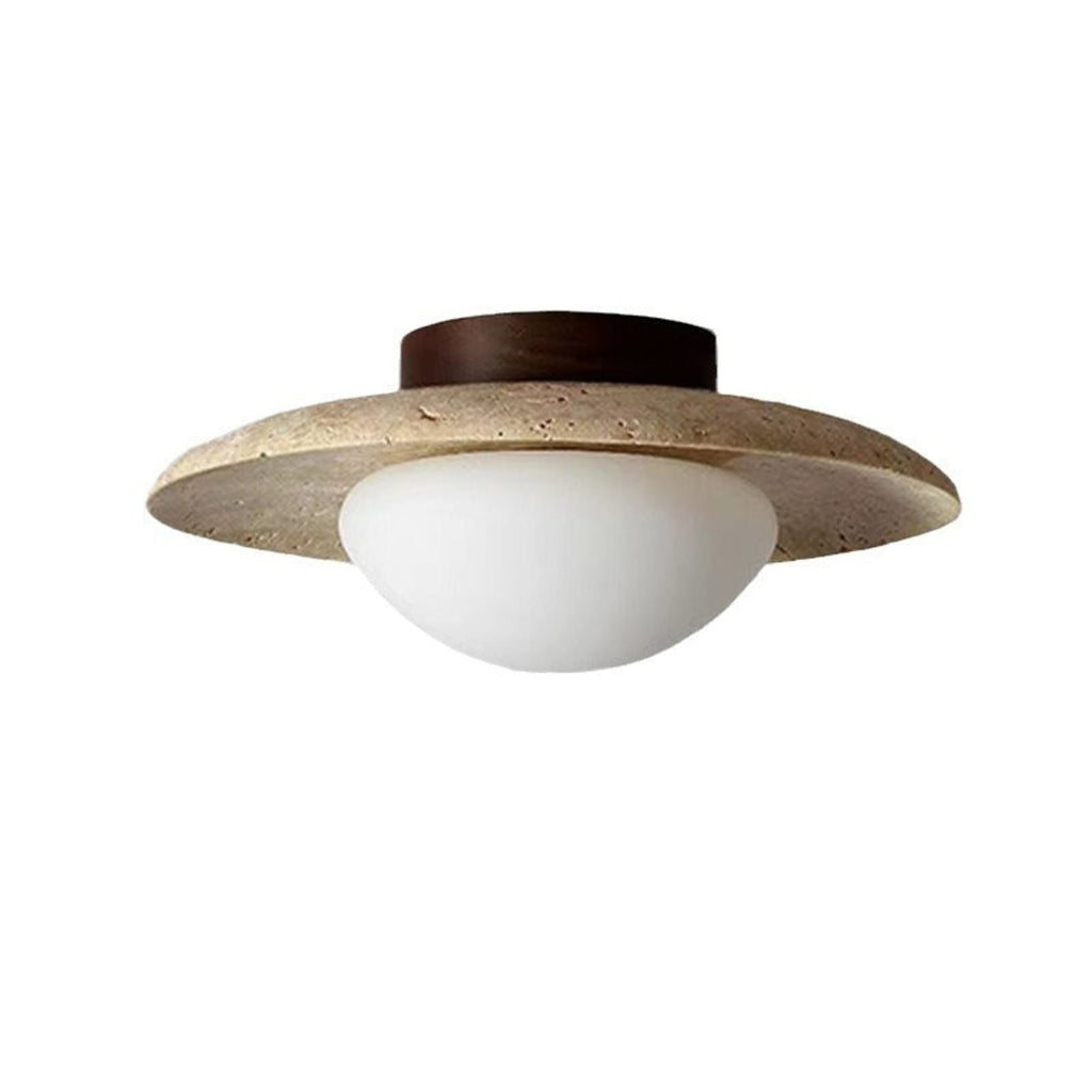 Travertine and Wood Semi Flush Ceiling Light with Frosted Glass Dome