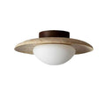 Travertine and Wood Semi Flush Ceiling Light with Frosted Glass Dome