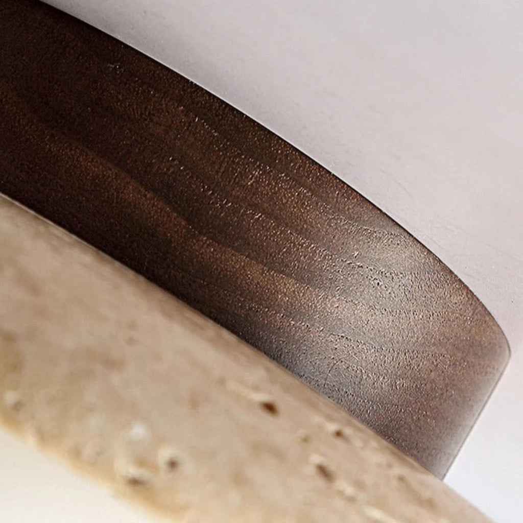 Travertine and Wood Semi Flush Ceiling Light with Frosted Glass Dome