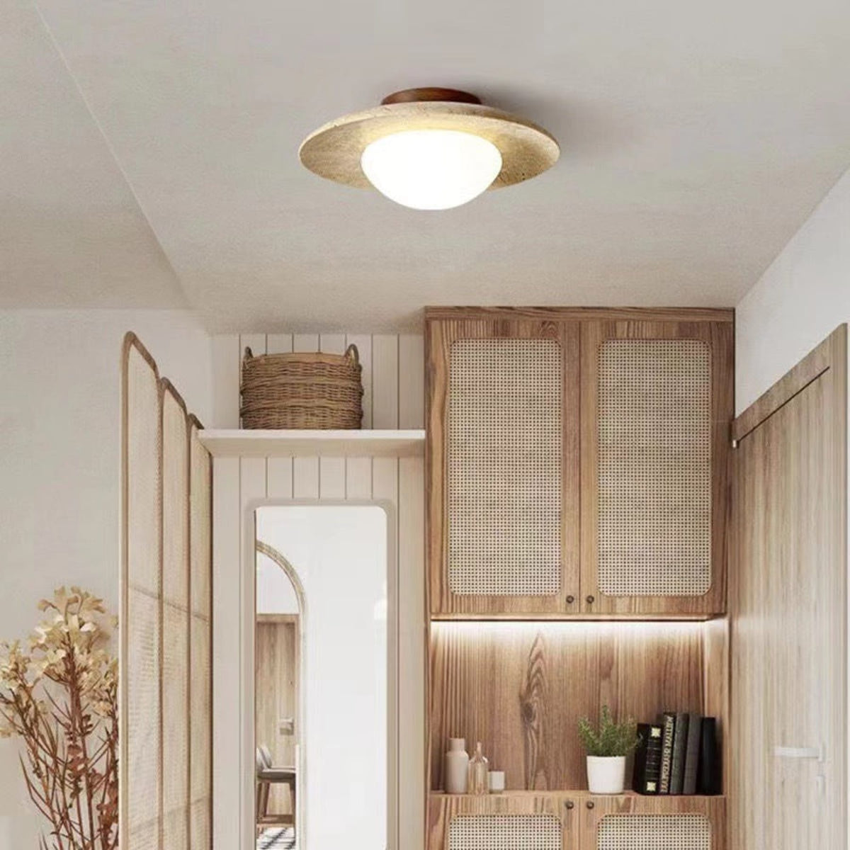 Travertine and Wood Semi Flush Ceiling Light with Frosted Glass Dome