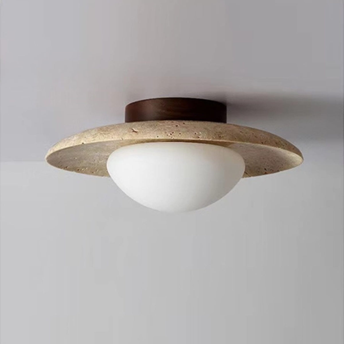 Travertine and Wood Semi Flush Ceiling Light with Frosted Glass Dome