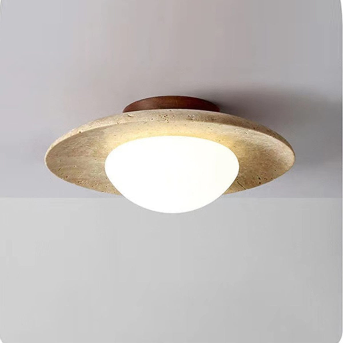 Travertine and Wood Semi Flush Ceiling Light with Frosted Glass Dome