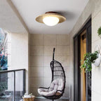 Travertine and Wood Semi Flush Ceiling Light with Frosted Glass Dome