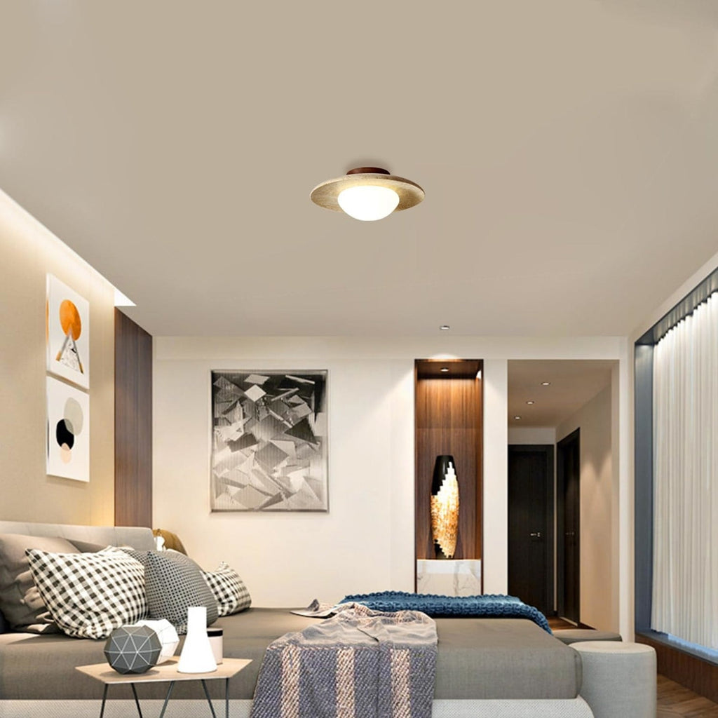 Travertine and Wood Semi Flush Ceiling Light with Frosted Glass Dome