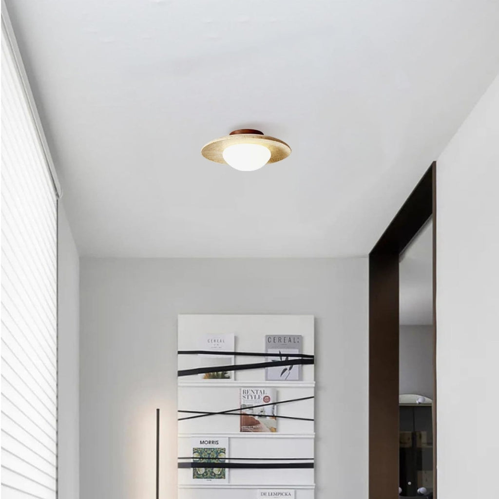 Travertine and Wood Semi Flush Ceiling Light with Frosted Glass Dome