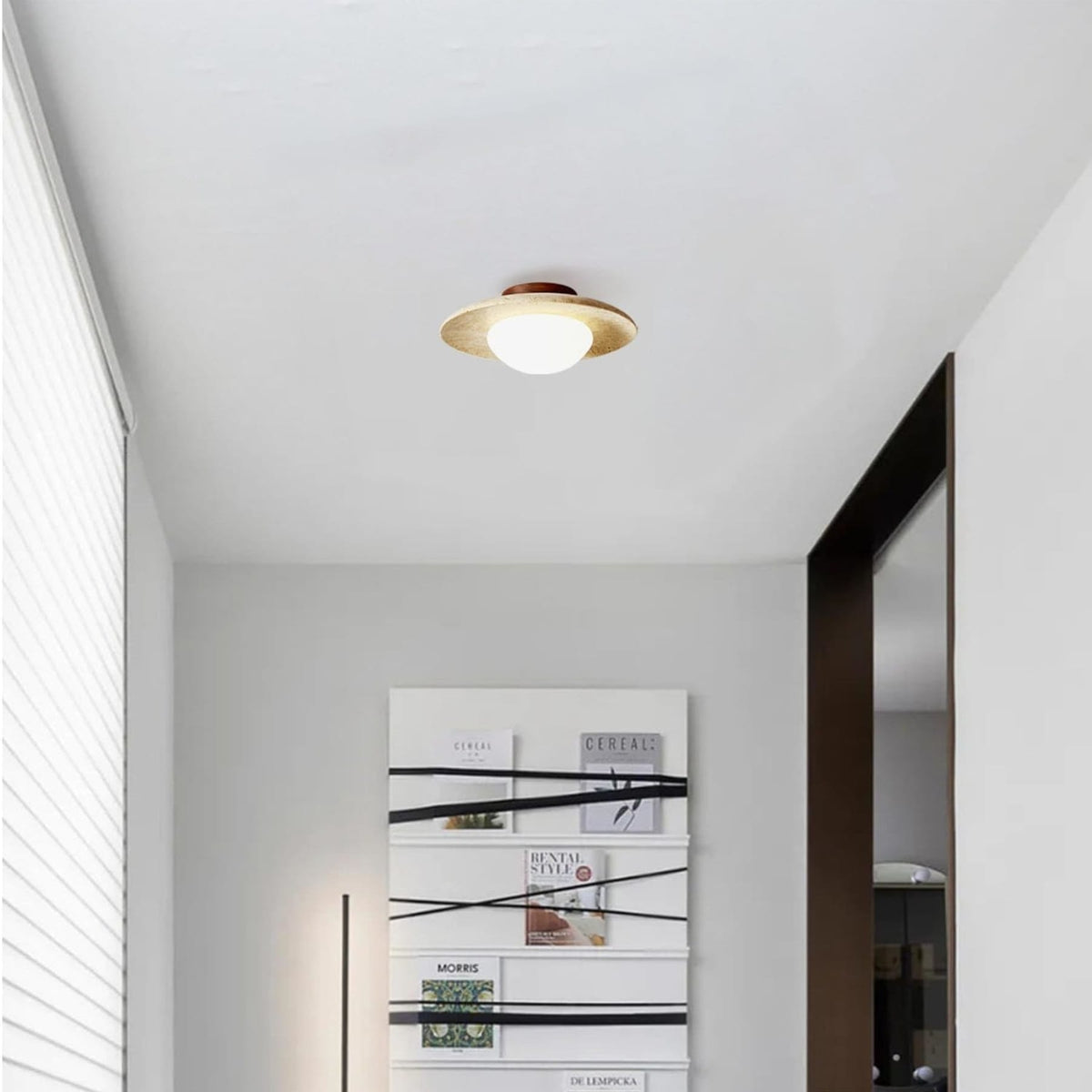Travertine and Wood Semi Flush Ceiling Light with Frosted Glass Dome